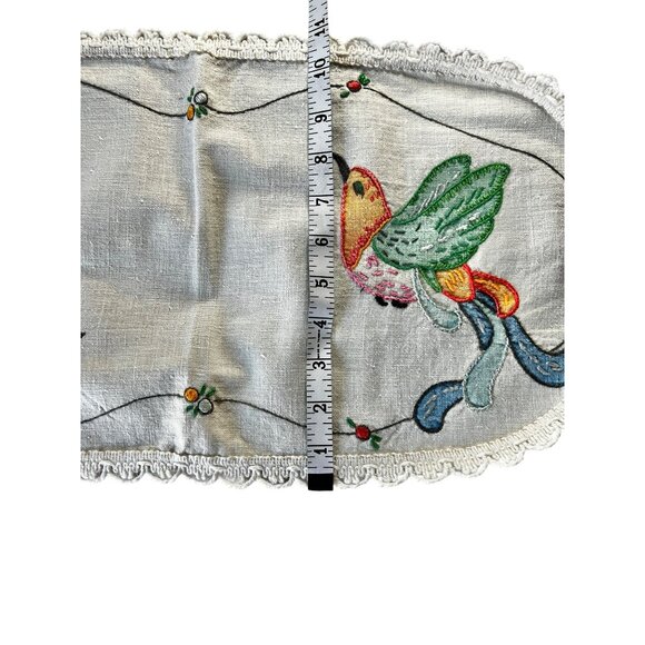 Hand-Painted & Embroidered Table Runner 22" X 11" Beige Cotton Linen Blend Bird - Picture 5 of 9
